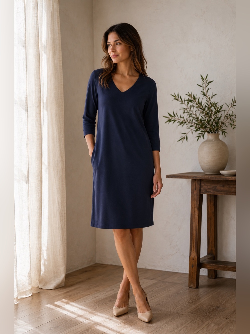 Eileen Fisher XS Tall Navy Blue Jersey Shift Dress Minimalist V Neck Casual